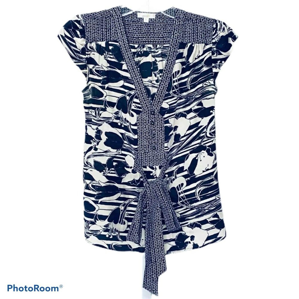 Porridge Women's Blouse‎ Navy And Cream Floral 100% Silk Size 2